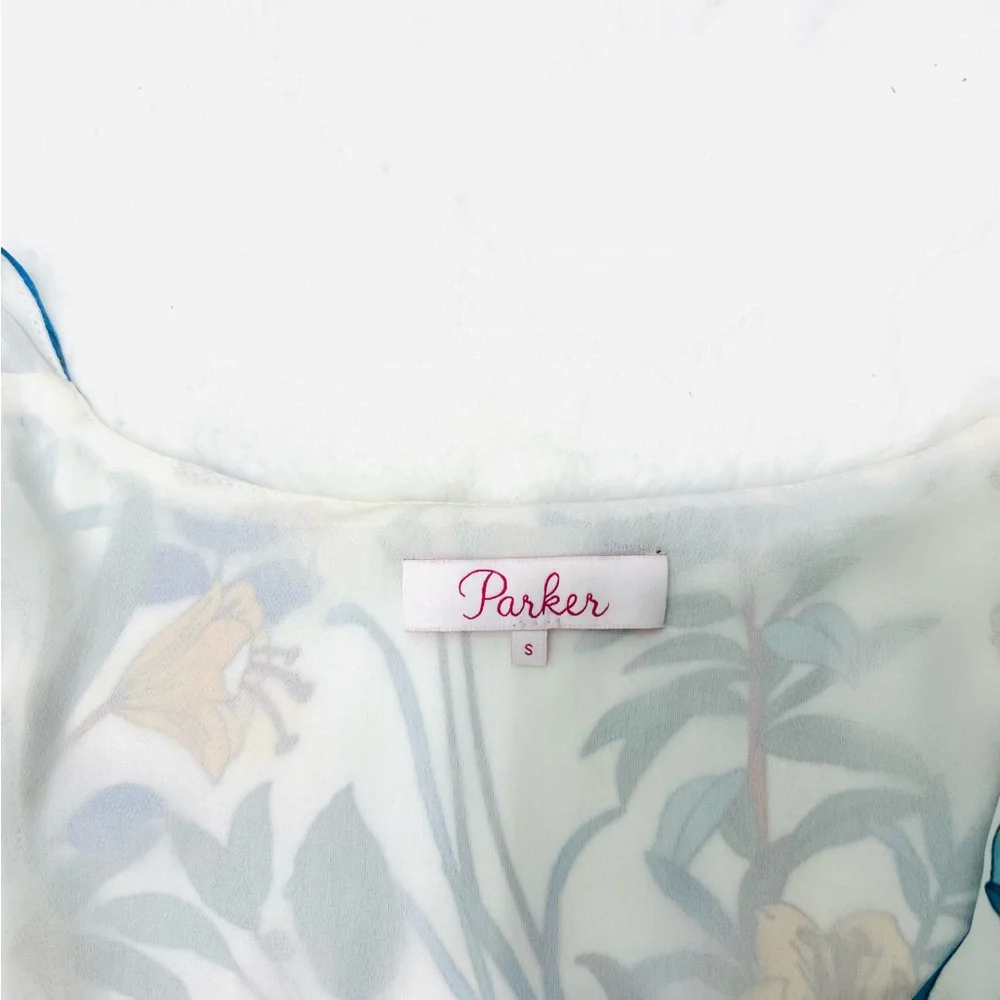 PARKER Blue Floral Lilly High Low Ruffle Dress Short Sleeve Flowy Dress Sz Small - Picture 14 of 15